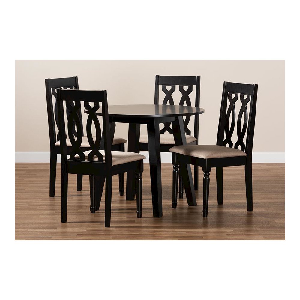 Sand Fabric Upholstered and Dark Brown Finished Wood 5-Piece Dining Set