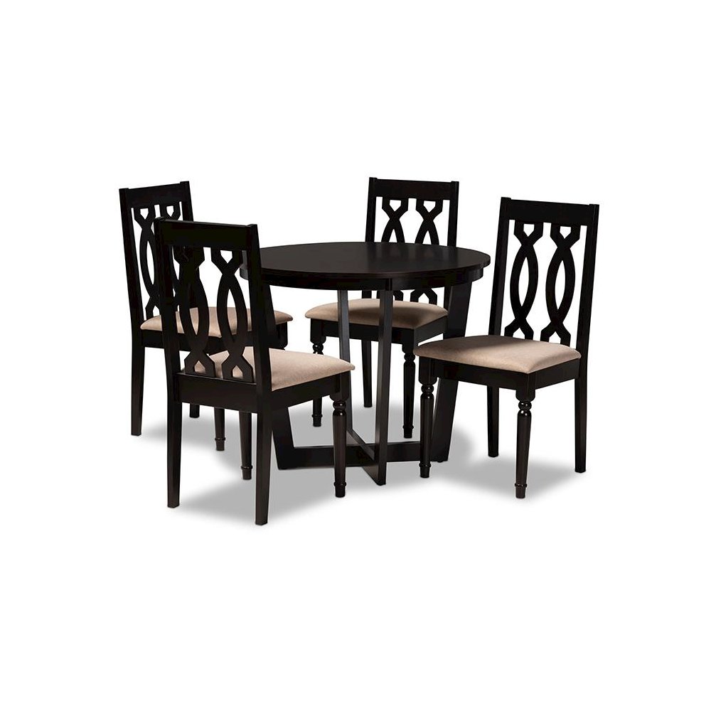 Sand Fabric Upholstered and Dark Brown Finished Wood 5-Piece Dining Set