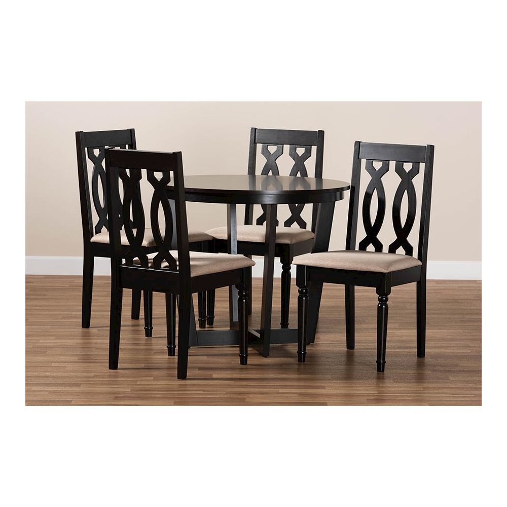 Sand Fabric Upholstered and Dark Brown Finished Wood 5-Piece Dining Set