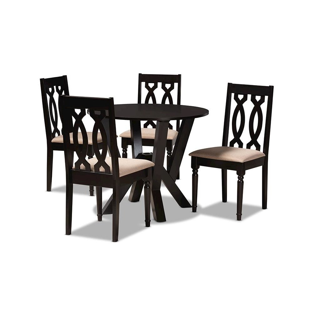 Sand Fabric Upholstered and Dark Brown Finished Wood 5-Piece Dining Set