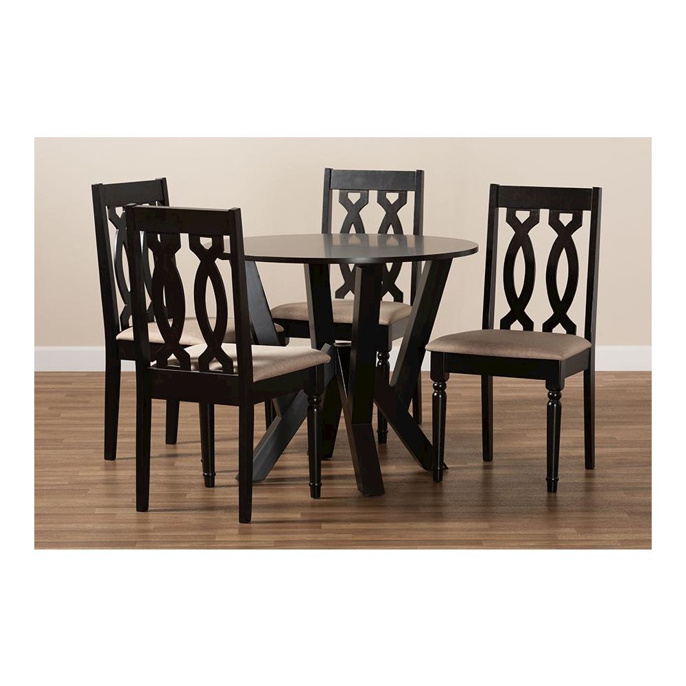Sand Fabric Upholstered and Dark Brown Finished Wood 5-Piece Dining Set