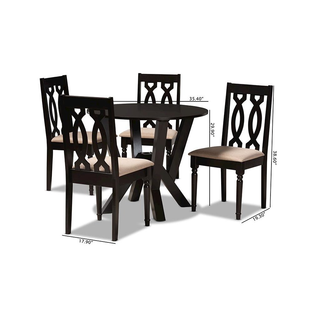Sand Fabric Upholstered and Dark Brown Finished Wood 5-Piece Dining Set
