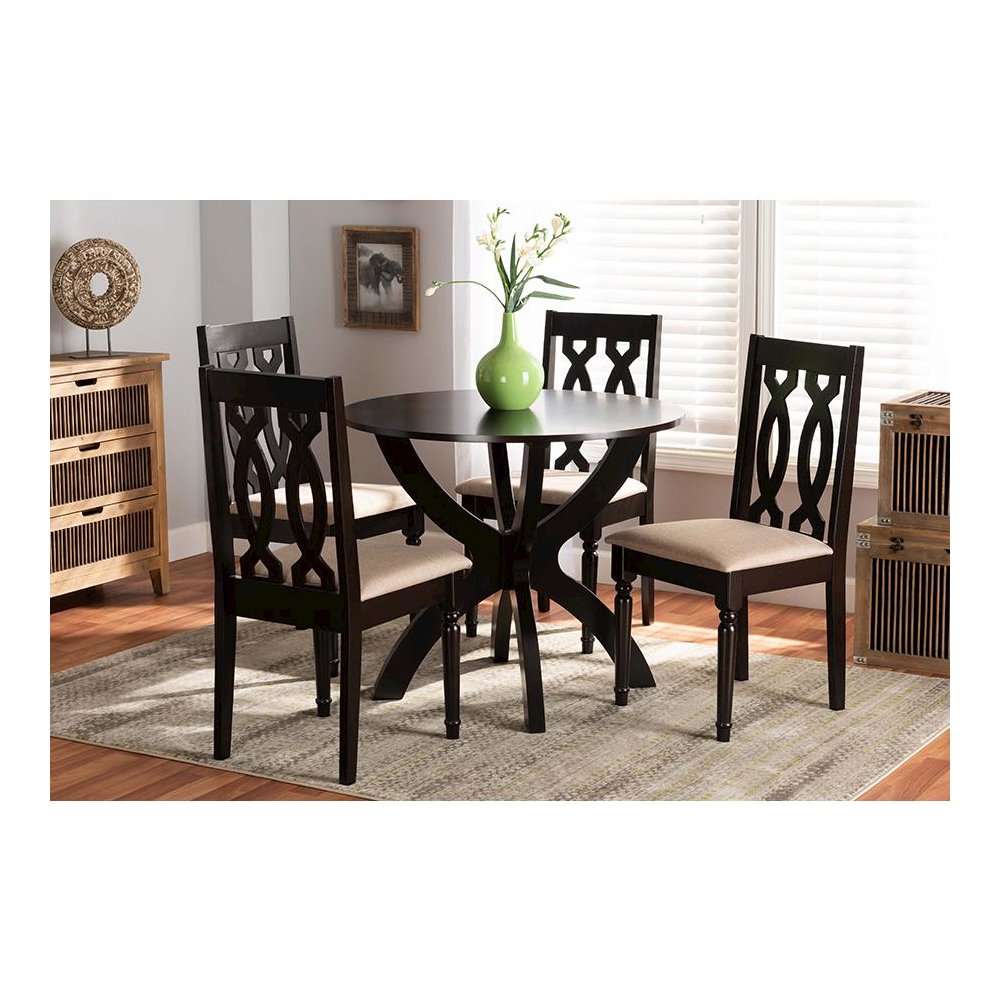 Sand Fabric Upholstered and Dark Brown Finished Wood 5-Piece Dining Set