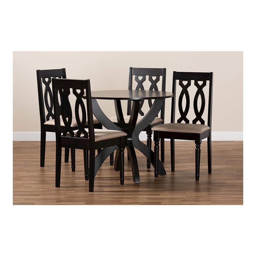 Sand Fabric Upholstered and Dark Brown Finished Wood 5-Piece Dining Set