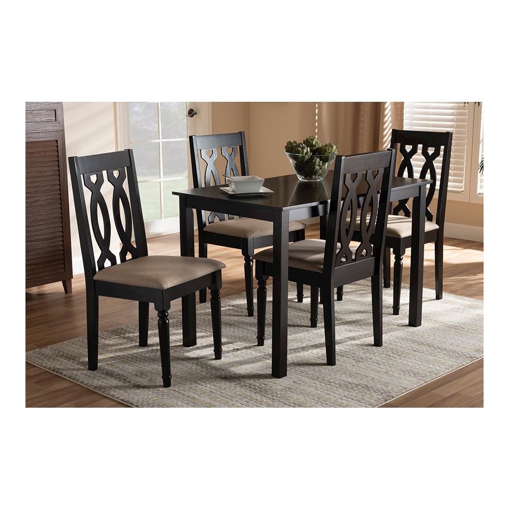 Sand Fabric Upholstered Espresso Brown Finished 5-Piece Wood Dining Set