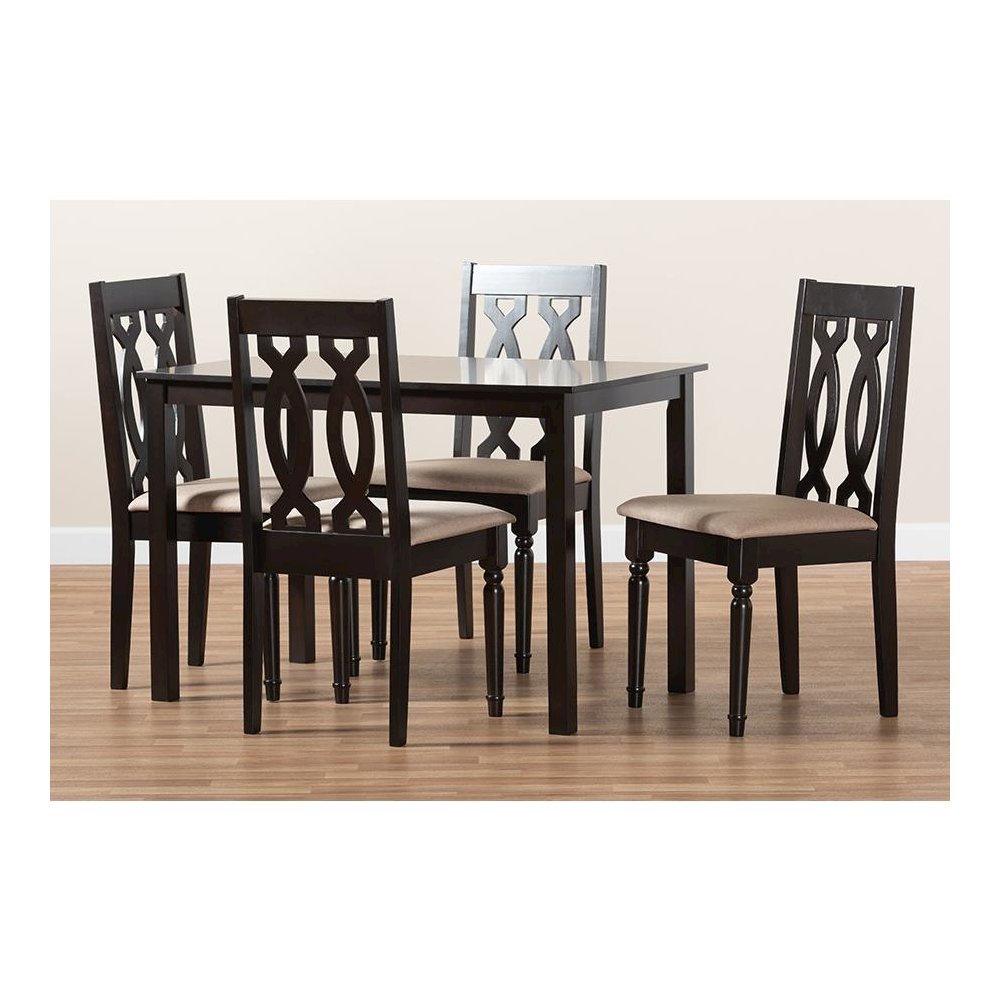 Sand Fabric Upholstered Espresso Brown Finished 5-Piece Wood Dining Set