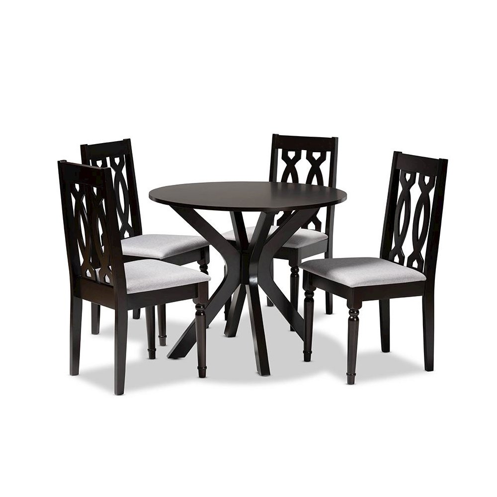Grey Fabric Upholstered and Dark Brown Finished Wood 5-Piece Dining Set