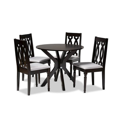 Grey Fabric Upholstered and Dark Brown Finished Wood 5-Piece Dining Set