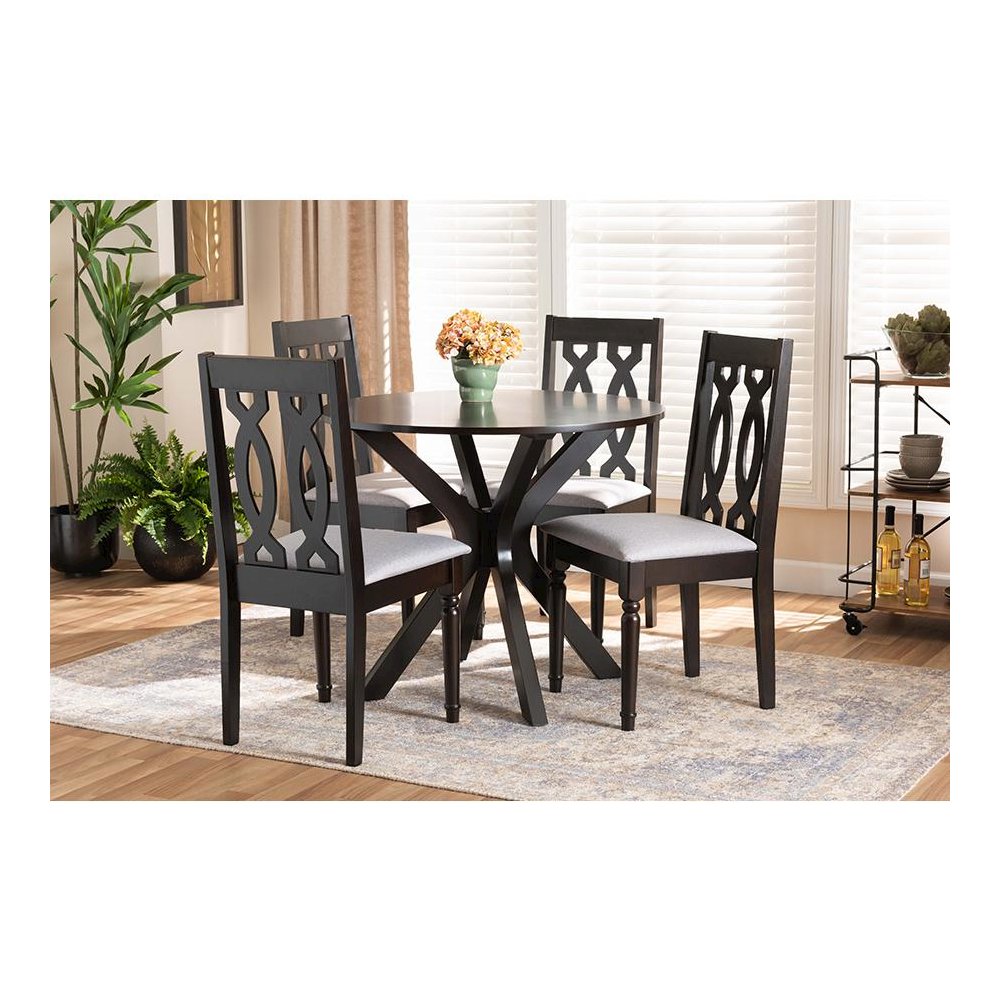 Grey Fabric Upholstered and Dark Brown Finished Wood 5-Piece Dining Set