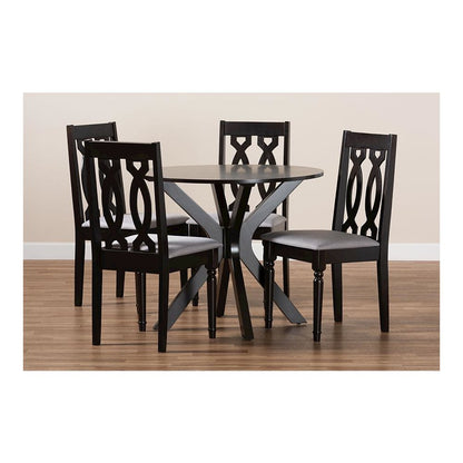Grey Fabric Upholstered and Dark Brown Finished Wood 5-Piece Dining Set