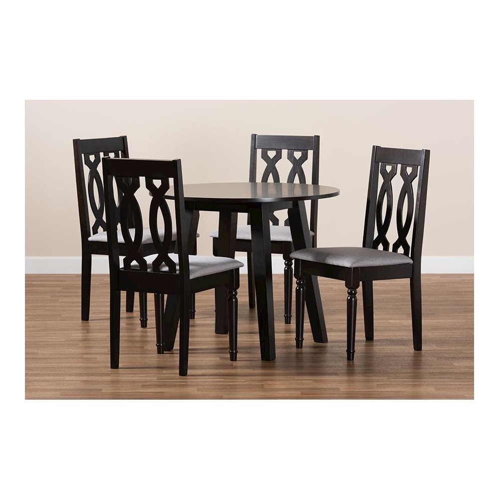 Grey Fabric Upholstered and Dark Brown Finished Wood 5-Piece Dining Set