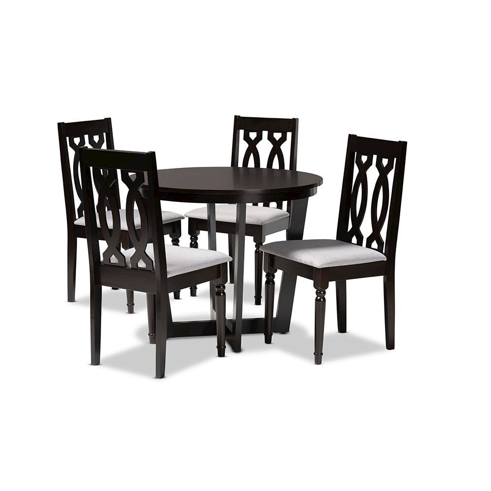 Grey Fabric Upholstered and Dark Brown Finished Wood 5-Piece Dining Set