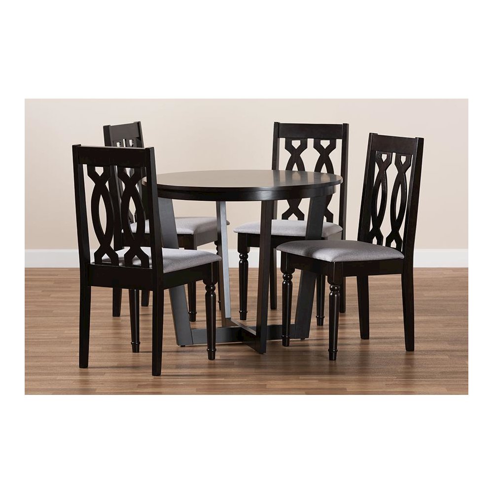 Grey Fabric Upholstered and Dark Brown Finished Wood 5-Piece Dining Set