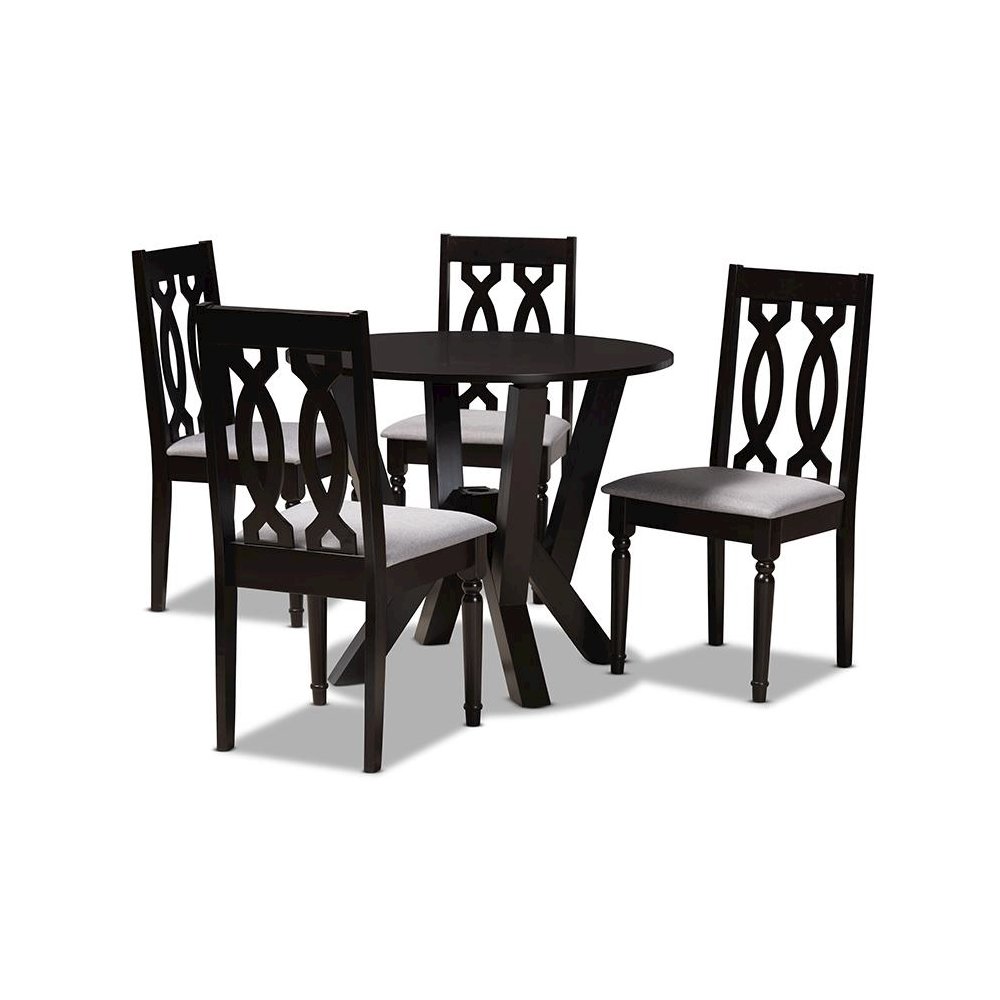 Grey Fabric Upholstered and Dark Brown Finished Wood 5-Piece Dining Set