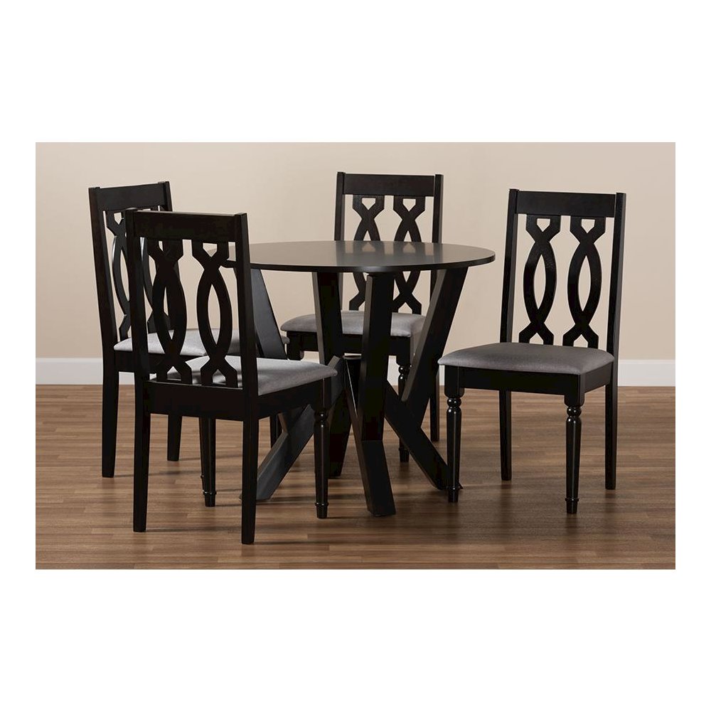 Grey Fabric Upholstered and Dark Brown Finished Wood 5-Piece Dining Set