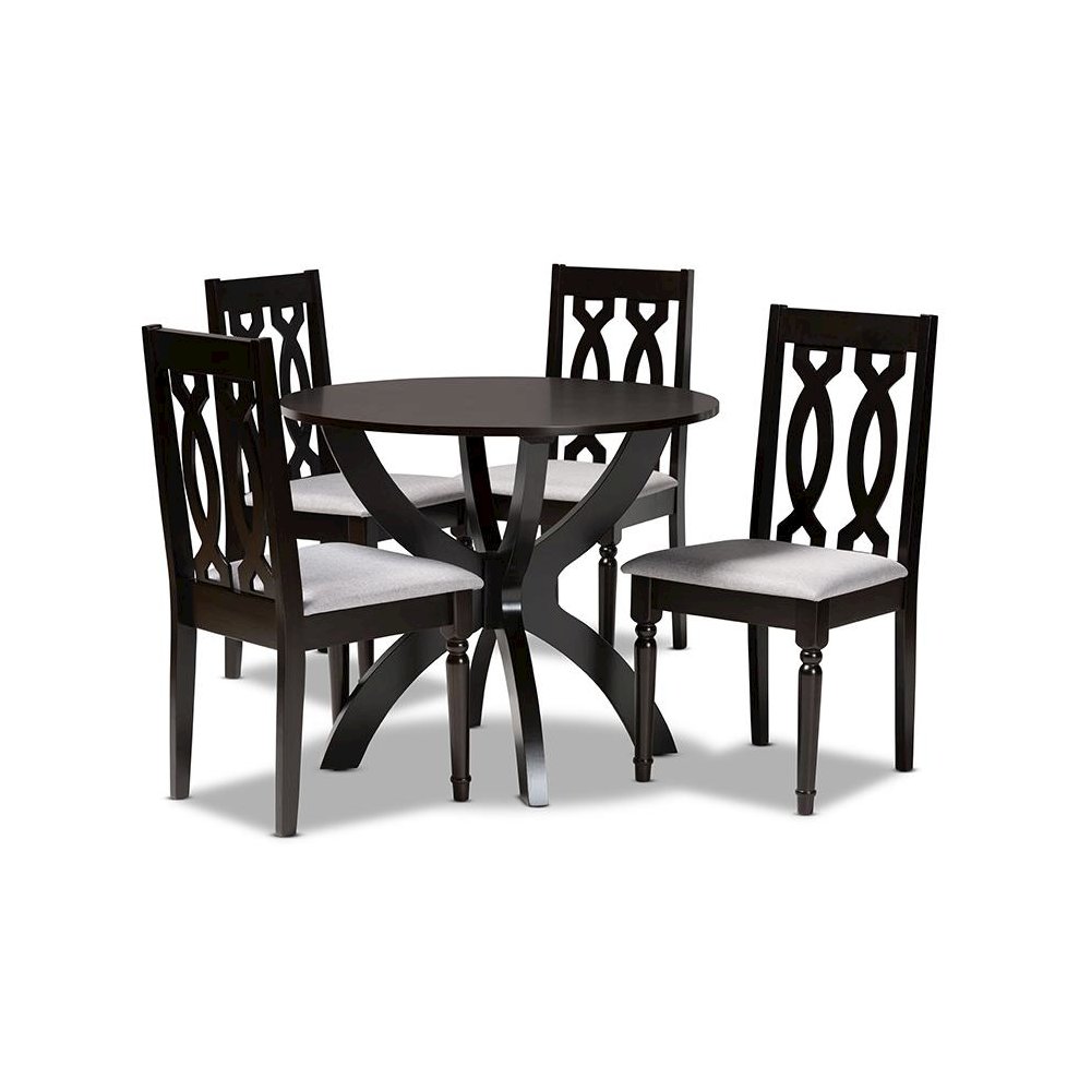 Grey Fabric Upholstered and Dark Brown Finished Wood 5-Piece Dining Set