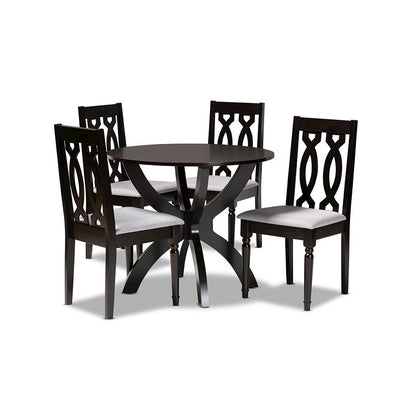 Grey Fabric Upholstered and Dark Brown Finished Wood 5-Piece Dining Set