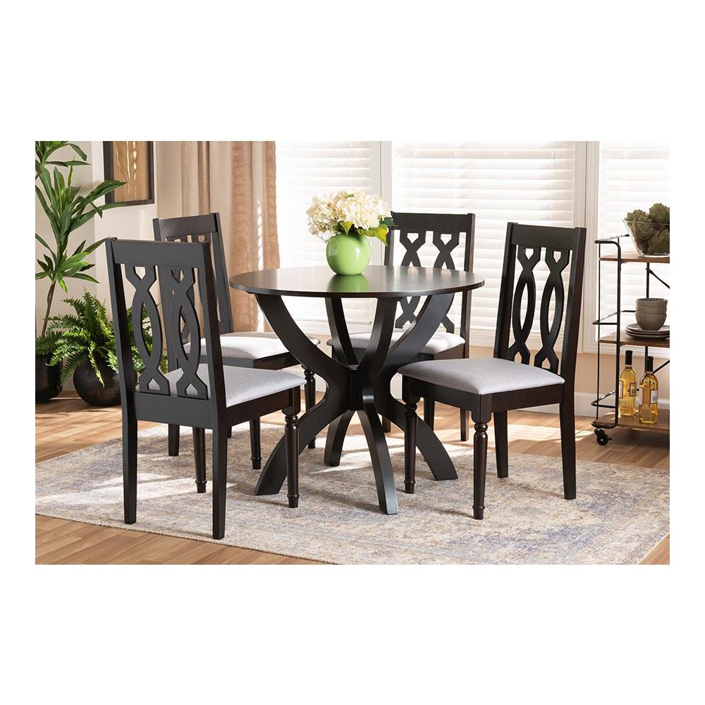 Grey Fabric Upholstered and Dark Brown Finished Wood 5-Piece Dining Set