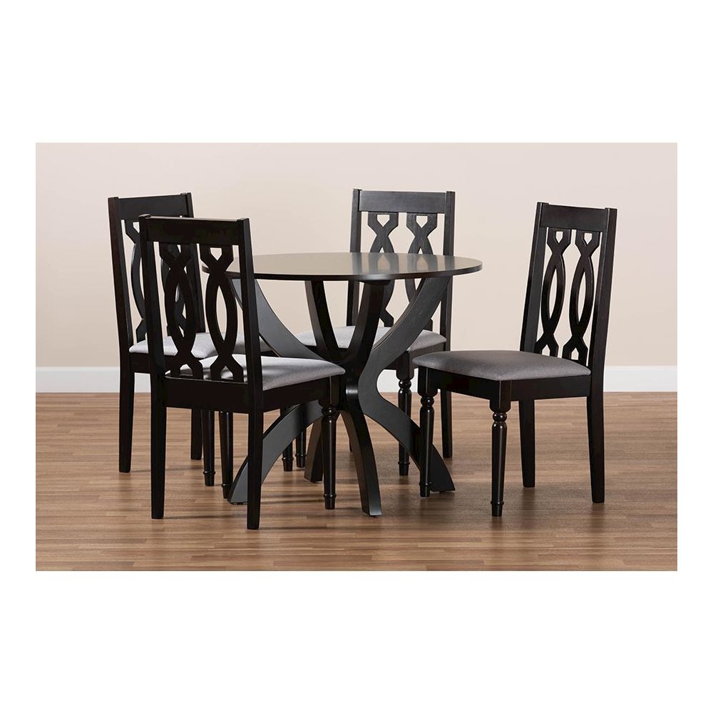 Grey Fabric Upholstered and Dark Brown Finished Wood 5-Piece Dining Set