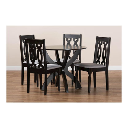 Grey Fabric Upholstered and Dark Brown Finished Wood 5-Piece Dining Set