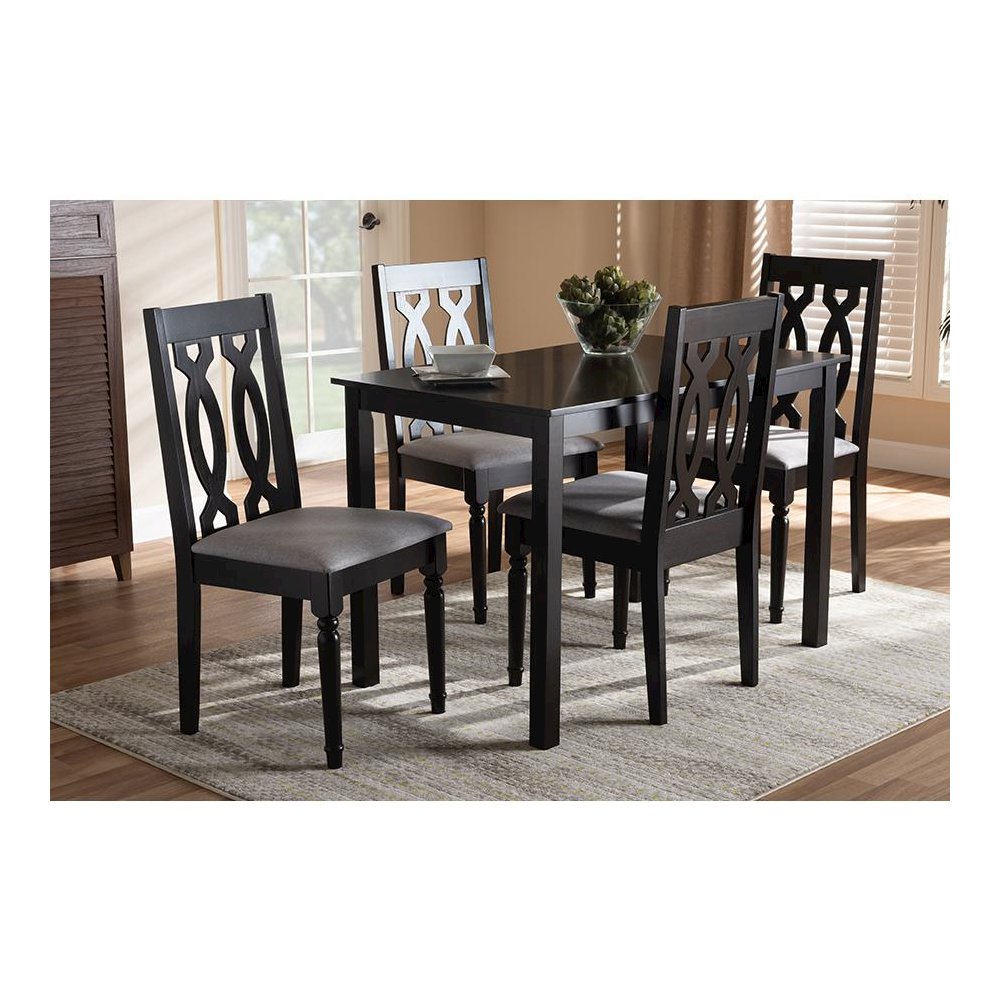 Grey Fabric Upholstered Espresso Brown Finished 5-Piece Wood Dining Set