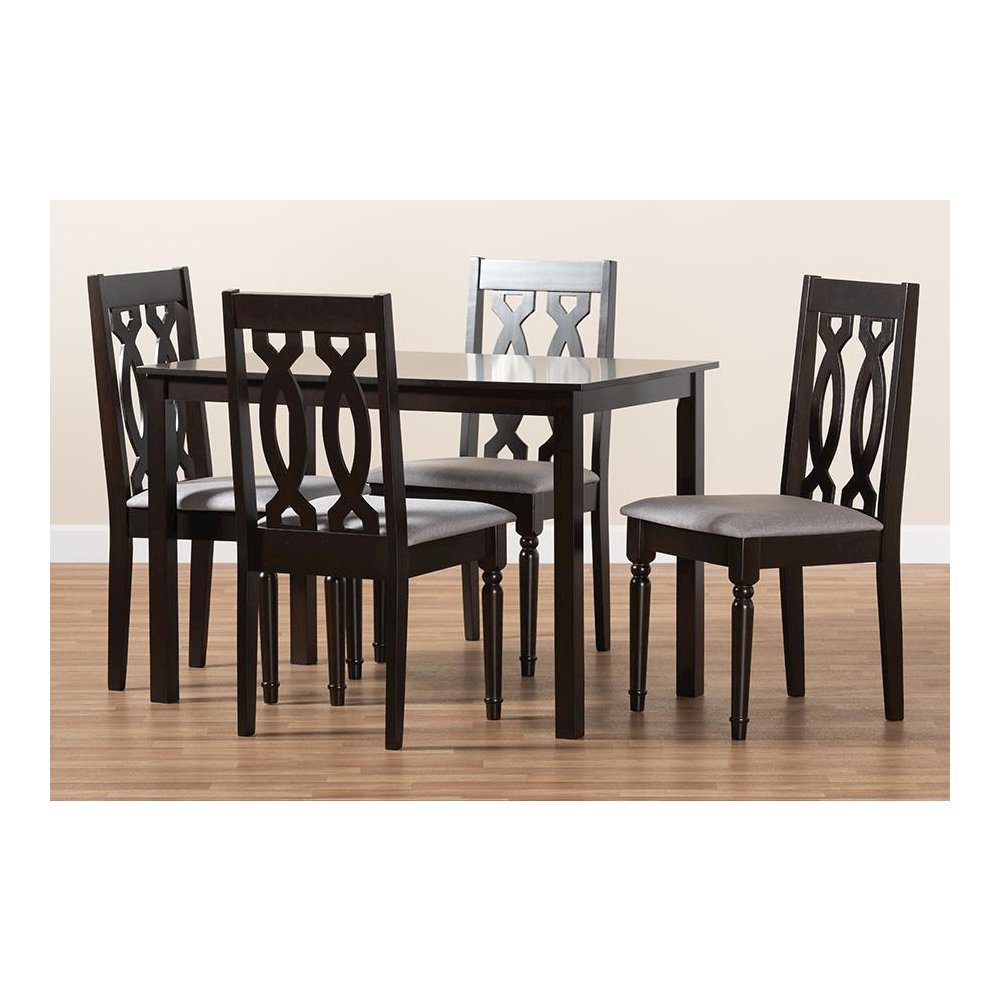 Grey Fabric Upholstered Espresso Brown Finished 5-Piece Wood Dining Set