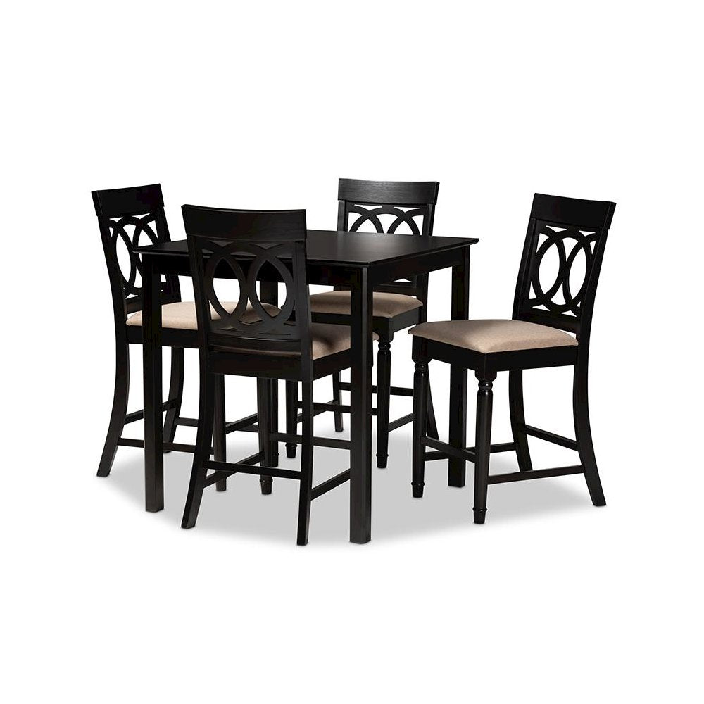 Sand Fabric Upholstered Espresso Brown Finished 5-Piece Wood Pub Set