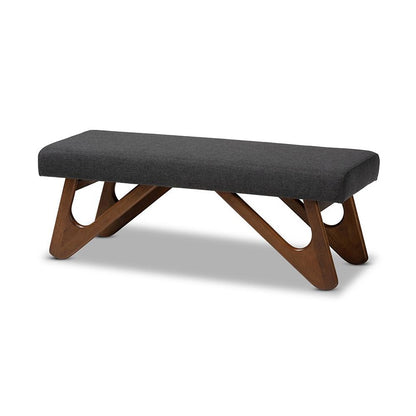 Dark Grey Fabric Upholstered Walnut Brown Finished Boomerang Bench