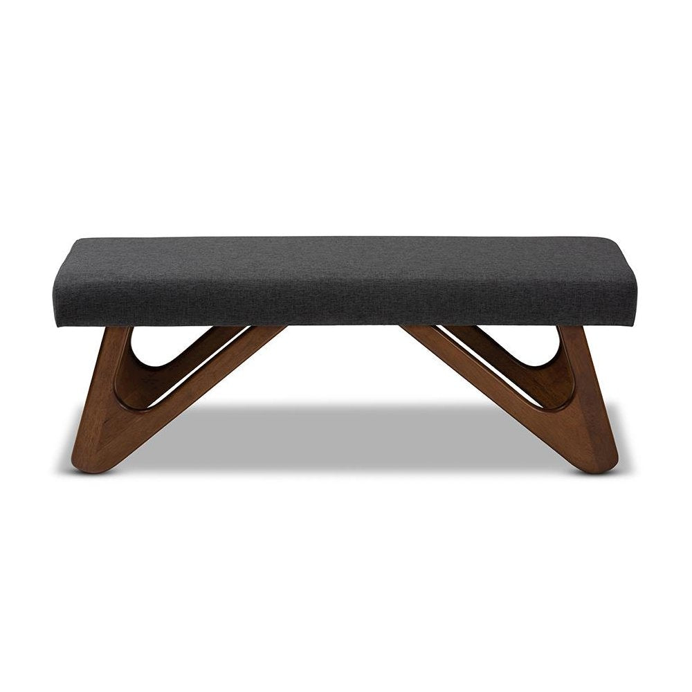Dark Grey Fabric Upholstered Walnut Brown Finished Boomerang Bench