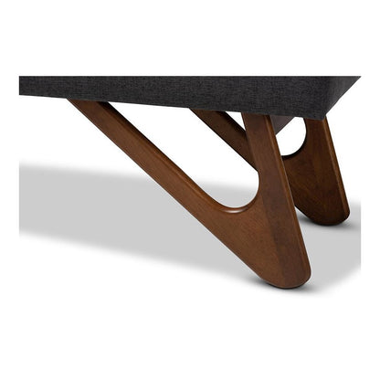 Dark Grey Fabric Upholstered Walnut Brown Finished Boomerang Bench