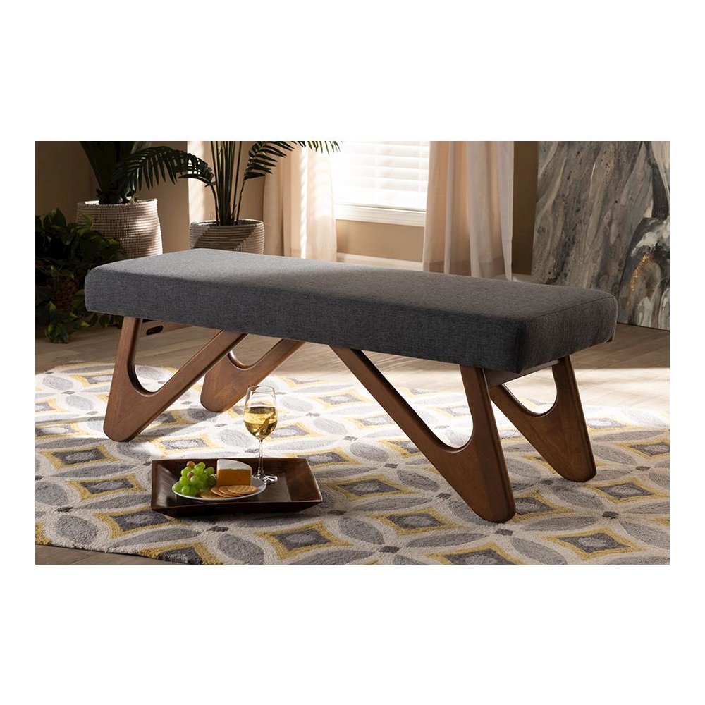 Dark Grey Fabric Upholstered Walnut Brown Finished Boomerang Bench