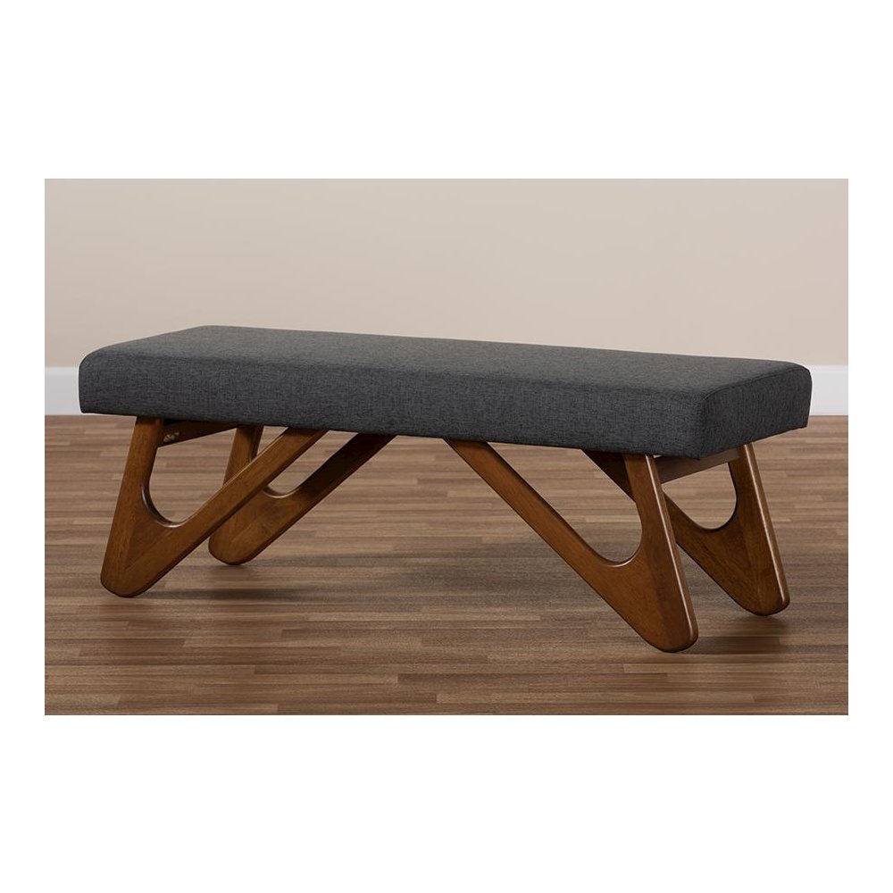Dark Grey Fabric Upholstered Walnut Brown Finished Boomerang Bench
