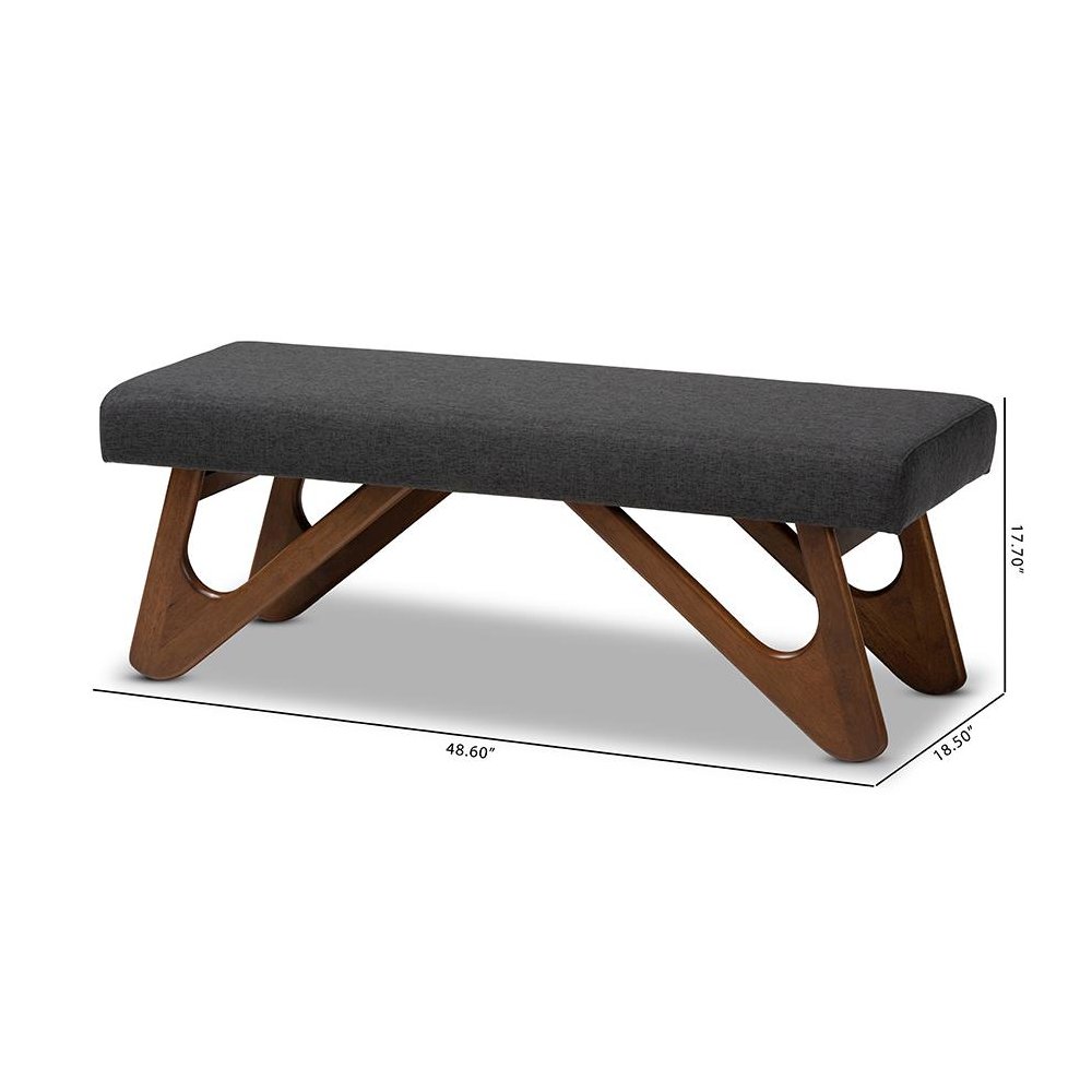 Dark Grey Fabric Upholstered Walnut Brown Finished Boomerang Bench