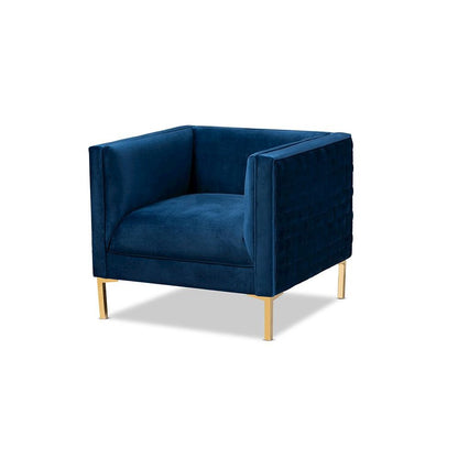 Luxe Navy Blue Velvet Fabric Upholstered Gold Finished Armchair