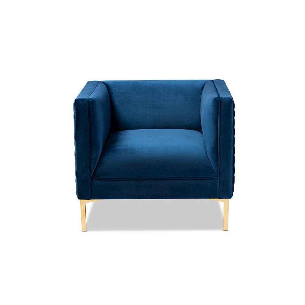 Luxe Navy Blue Velvet Fabric Upholstered Gold Finished Armchair