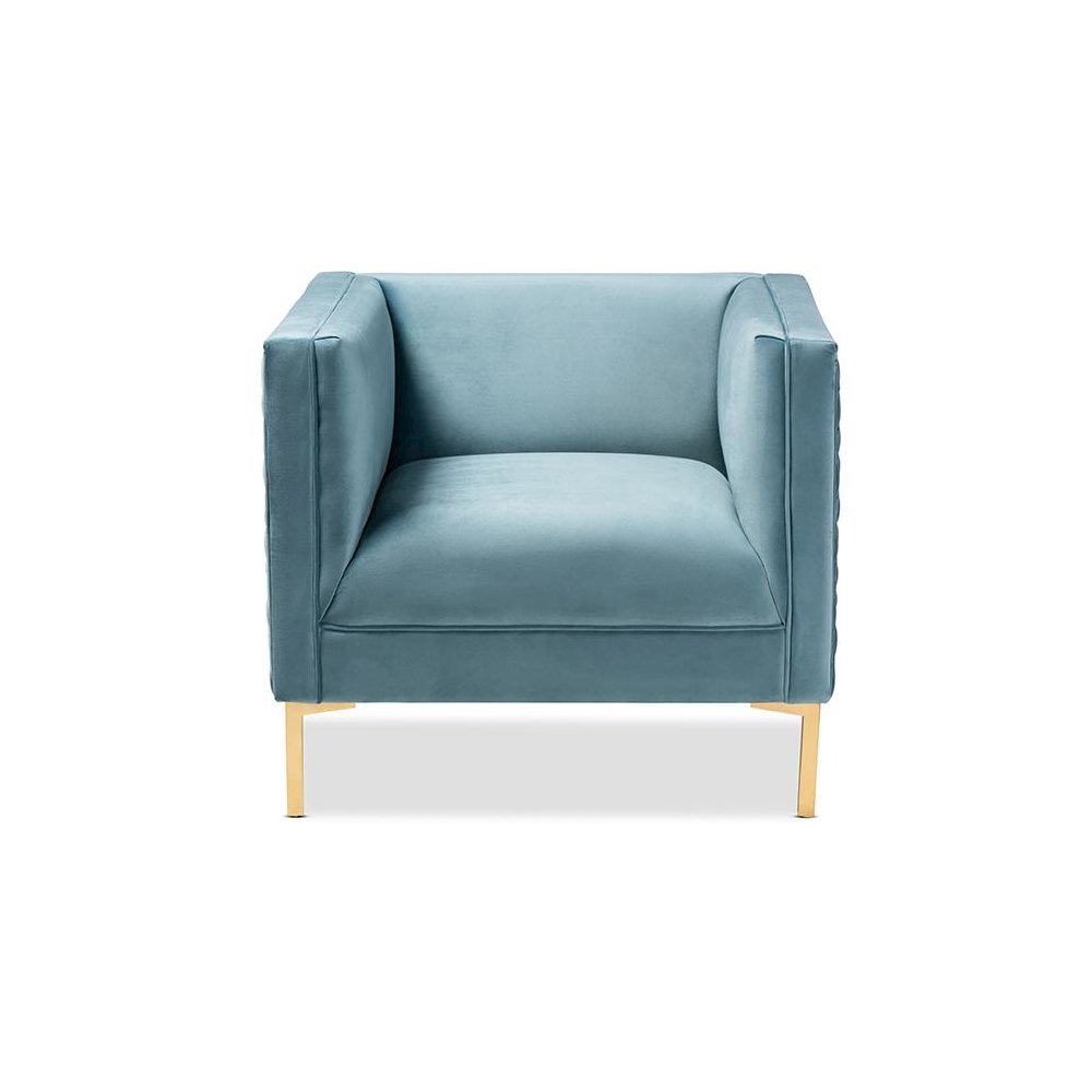 Luxe Light Blue Velvet Fabric Upholstered Gold Finished Armchair