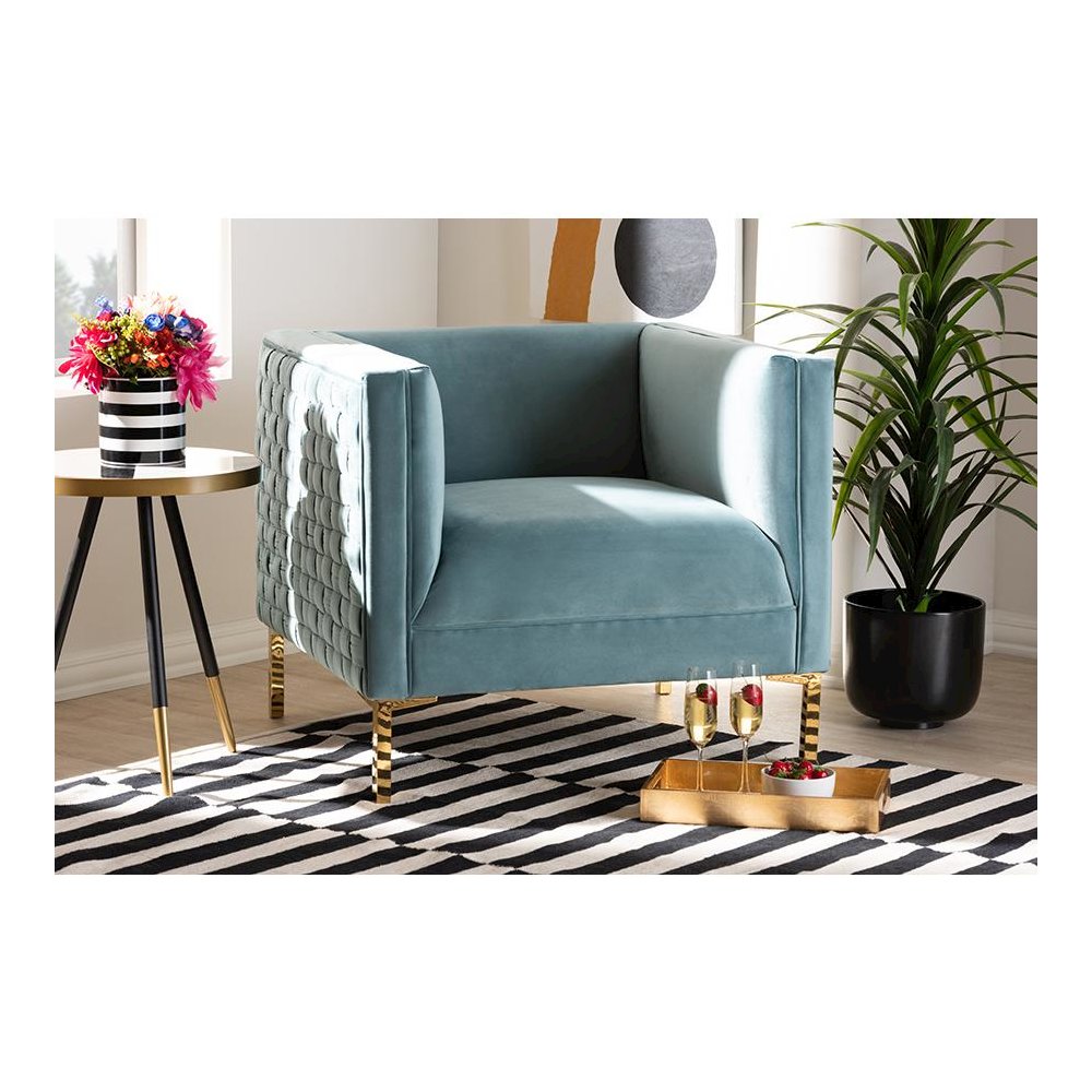 Luxe Light Blue Velvet Fabric Upholstered Gold Finished Armchair