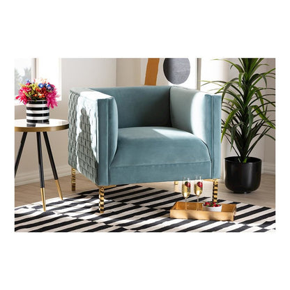 Luxe Light Blue Velvet Fabric Upholstered Gold Finished Armchair