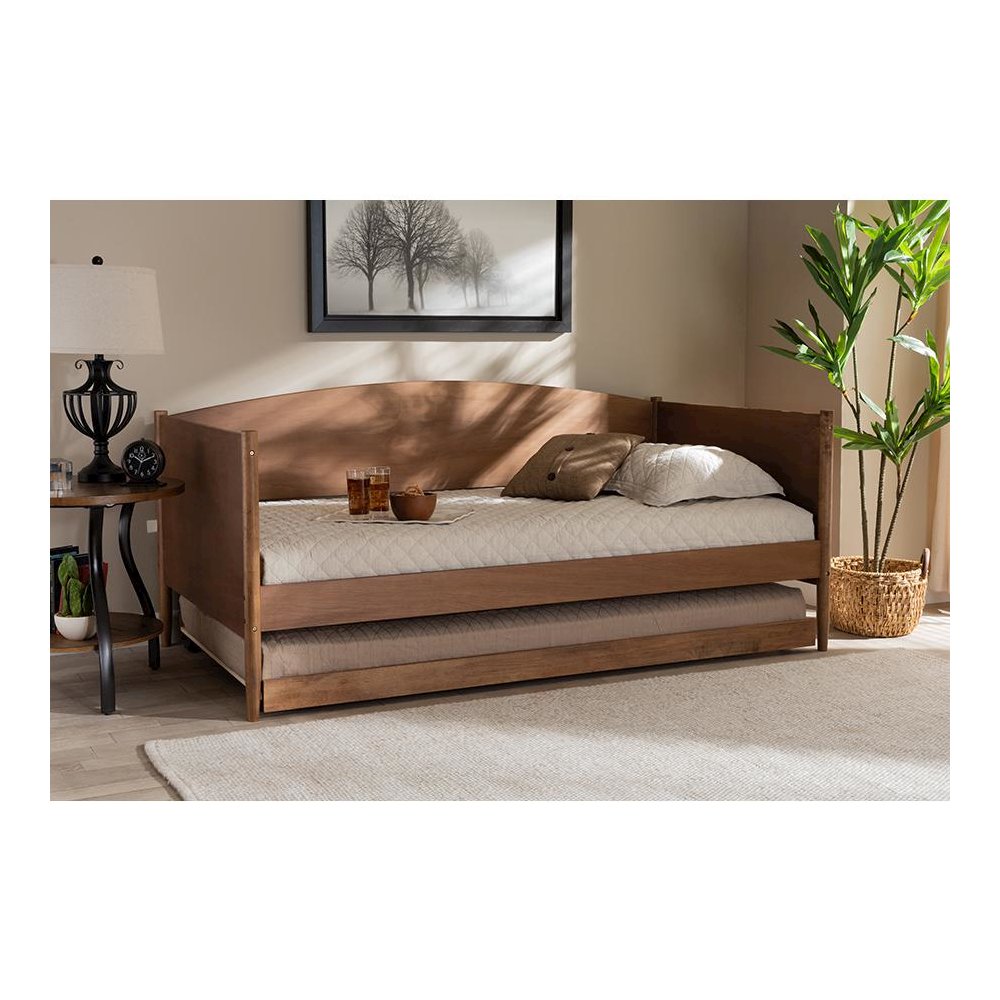 Veles Mid-Century Modern Ash Wanut Finished Wood Daybed with Trundle