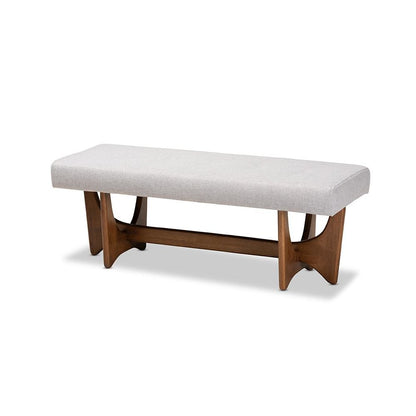 Theo Mid-Century Modern Greyish Beige Fabric Upholstered Walnut Finished Bench