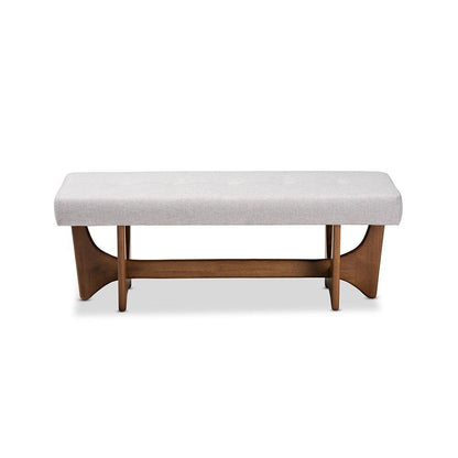 Theo Mid-Century Modern Greyish Beige Fabric Upholstered Walnut Finished Bench
