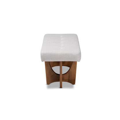 Theo Mid-Century Modern Greyish Beige Fabric Upholstered Walnut Finished Bench
