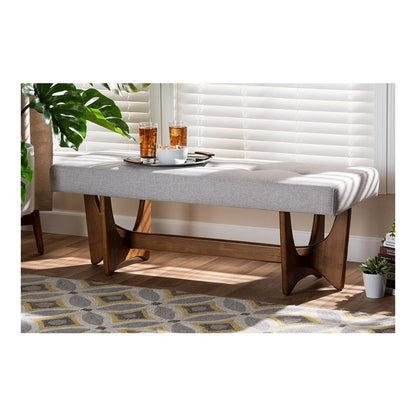 Theo Mid-Century Modern Greyish Beige Fabric Upholstered Walnut Finished Bench
