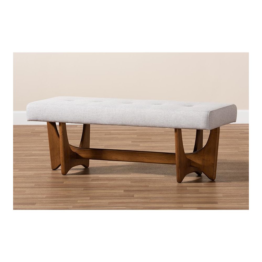 Theo Mid-Century Modern Greyish Beige Fabric Upholstered Walnut Finished Bench