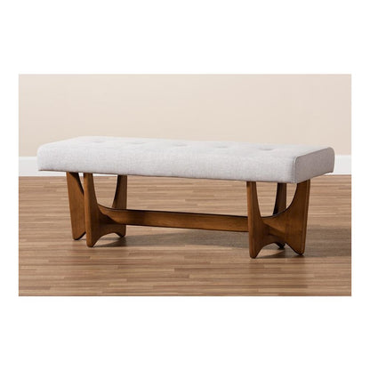 Theo Mid-Century Modern Greyish Beige Fabric Upholstered Walnut Finished Bench