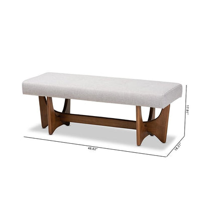 Theo Mid-Century Modern Greyish Beige Fabric Upholstered Walnut Finished Bench