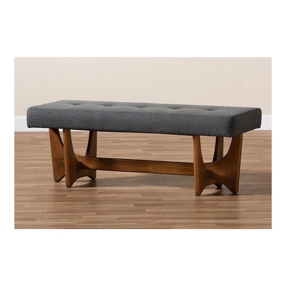 Theo Mid-Century Modern Dark Grey Fabric Upholstered Walnut Finished Bench