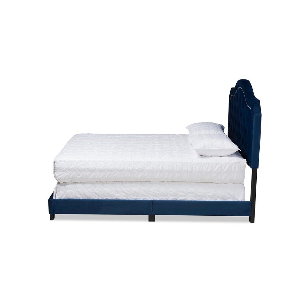 Navy Blue Velvet Fabric Upholstered Queen Size Button Tufted Bed