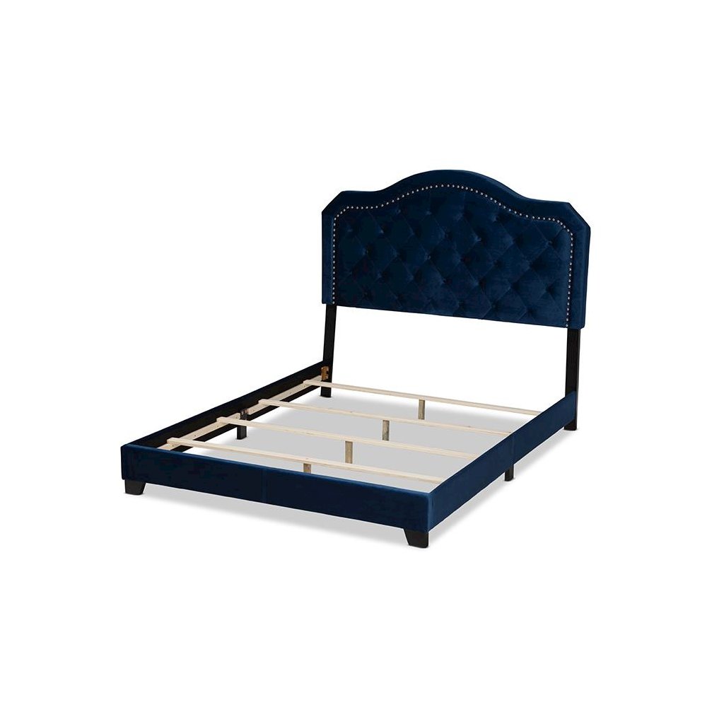 Navy Blue Velvet Fabric Upholstered Queen Size Button Tufted Bed