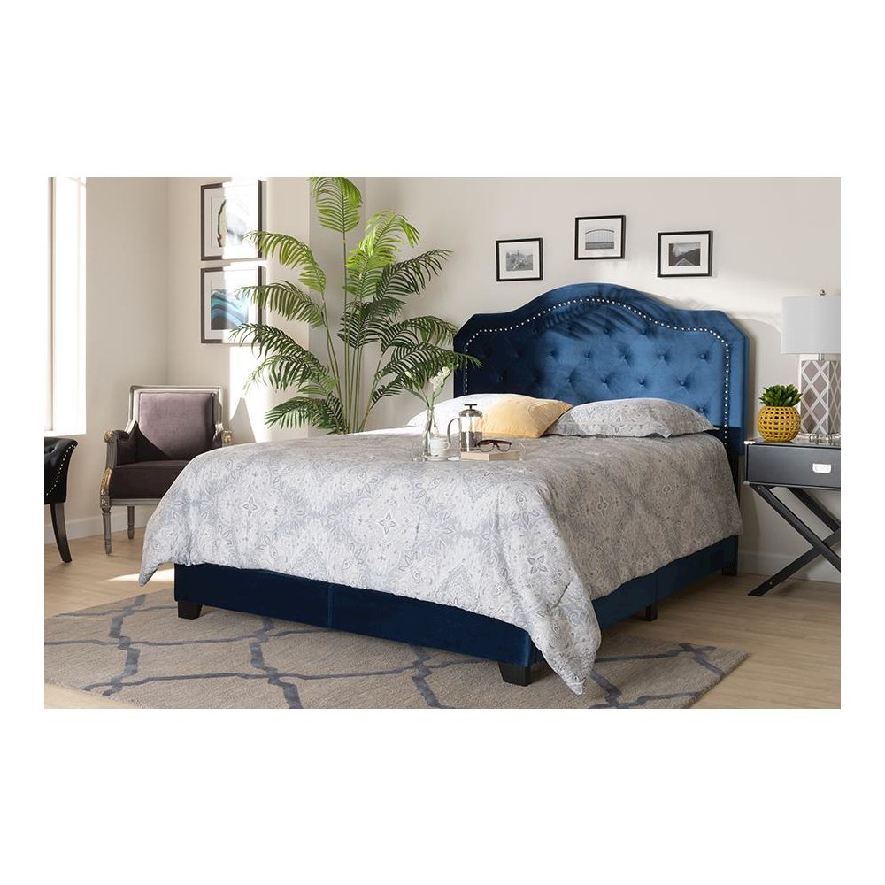 Navy Blue Velvet Fabric Upholstered Queen Size Button Tufted Bed